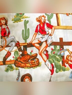 Alexander Henry "From the Hip" cotton fabric featuring a pin-up cowgirl western